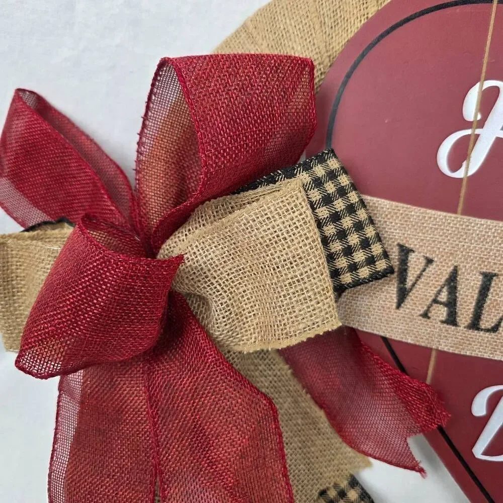 Happy Valentine's Day Heart Sign Burlap Wreath Red Bow Wooden Door Hanger Decor